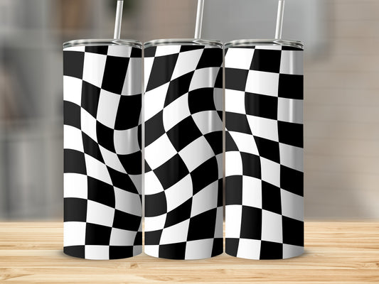 Three tumblers with a warped black and white checkered pattern and straws.