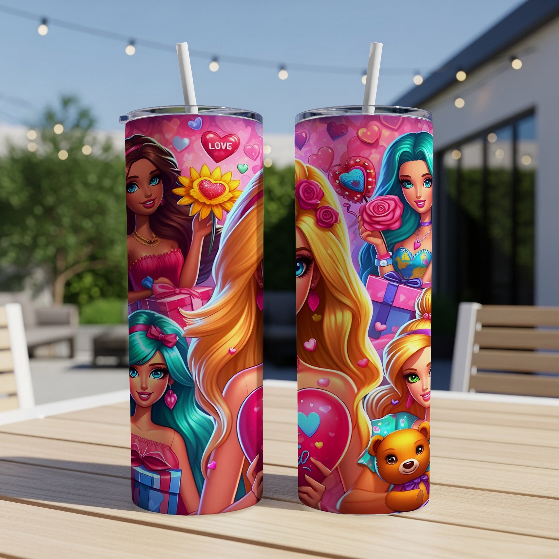 Two tumblers with cartoon girls, hearts, and gifts against a blurred background.