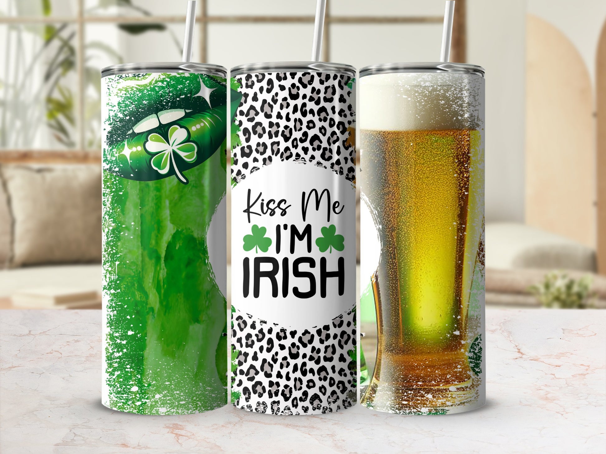 Green glitter lips, leopard print, and a beer stein on a tumbler.