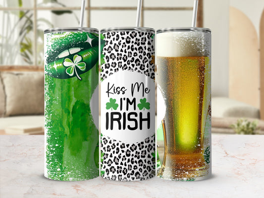 Green glitter lips, leopard print, and a beer stein on a tumbler.