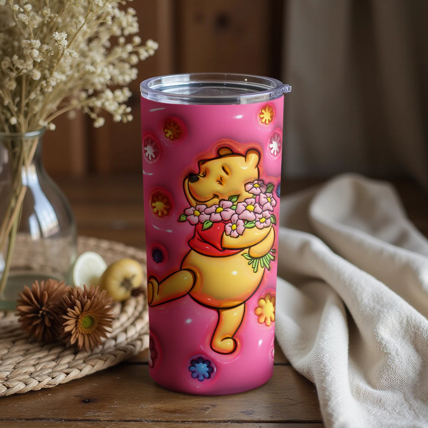 Adorable Pink Tumbler with Cheerful Bear and Flowers