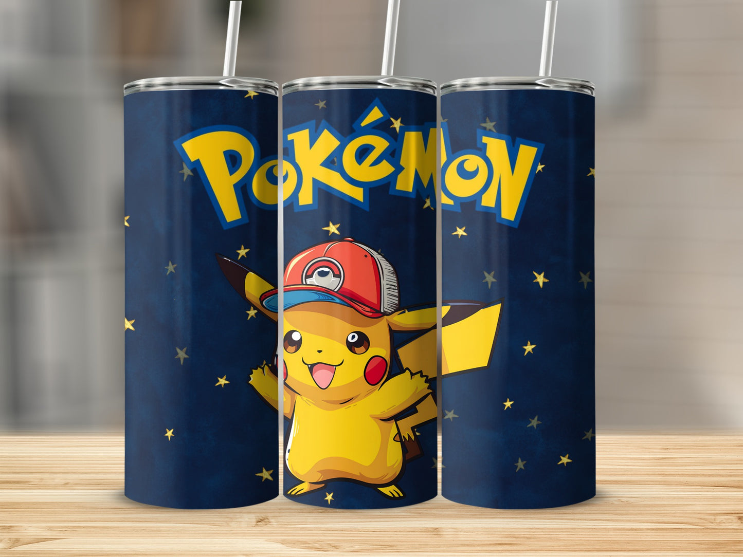 Pikachu with Ash Cap and Stars Design Tumbler