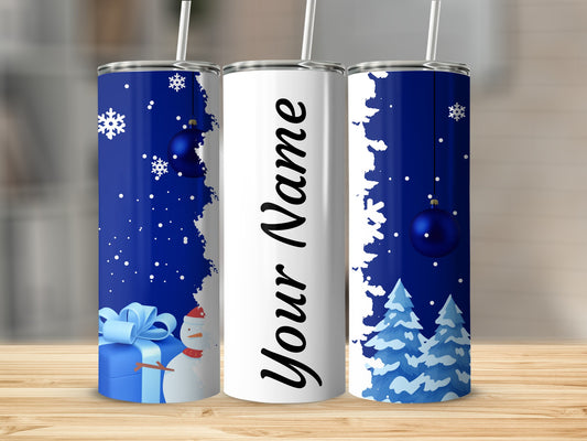 Personalized Blue Holiday Themed Tumbler with Straw