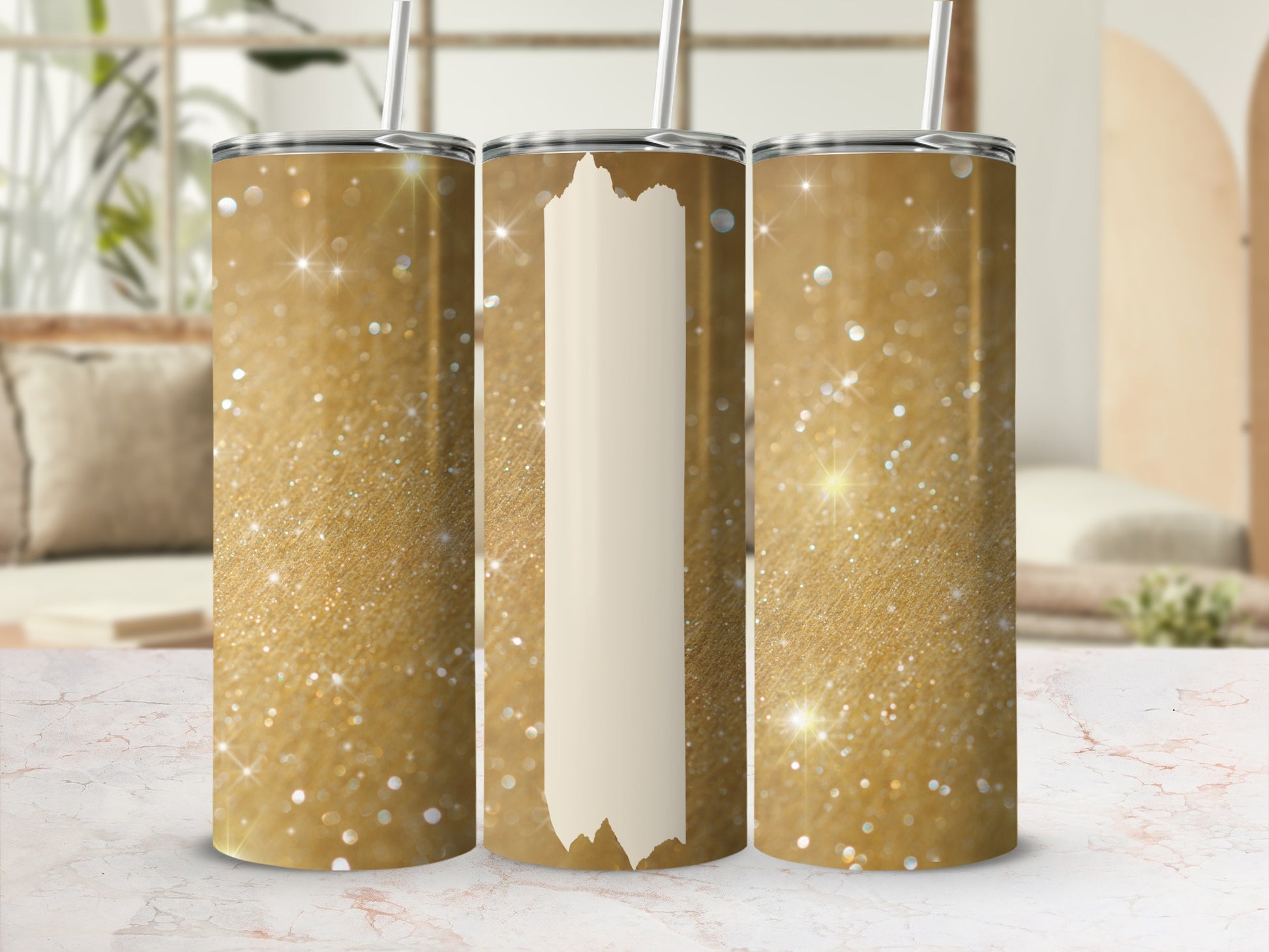 Gold glitter tumbler with straw, blank section for personalization.