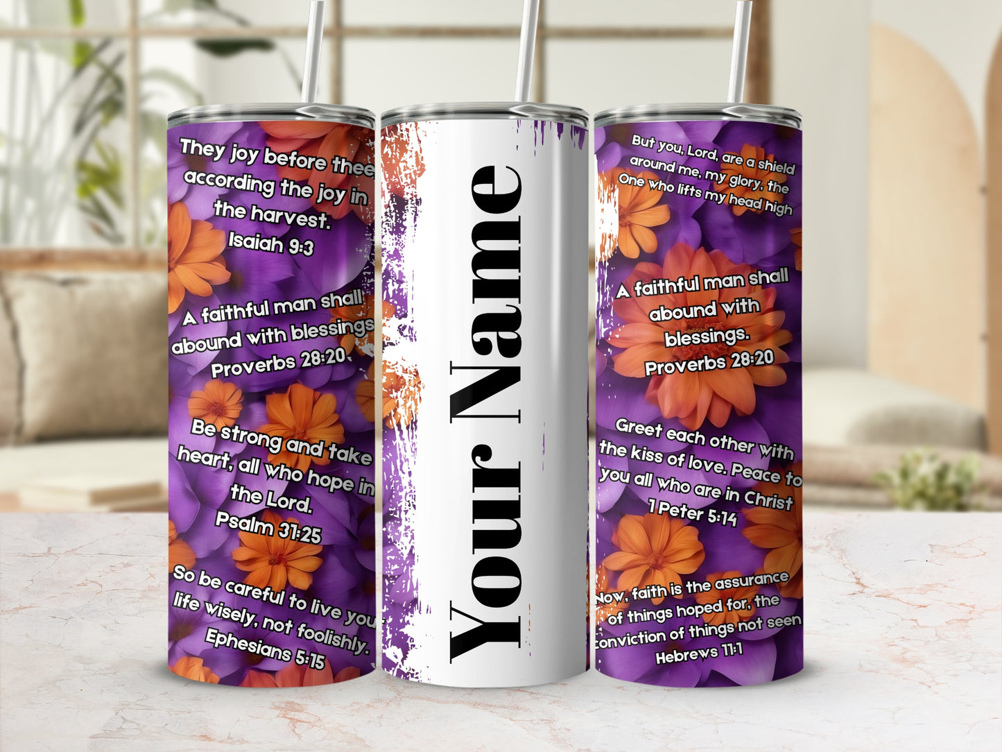 Personalized Tumbler with Bible Verses and Floral Design