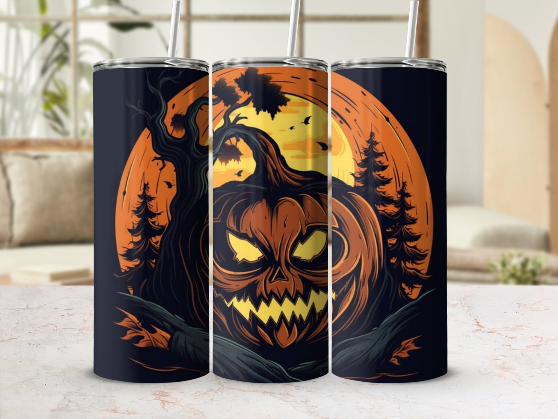 Tumbler with a spooky jack-o-lantern and moon Halloween design.