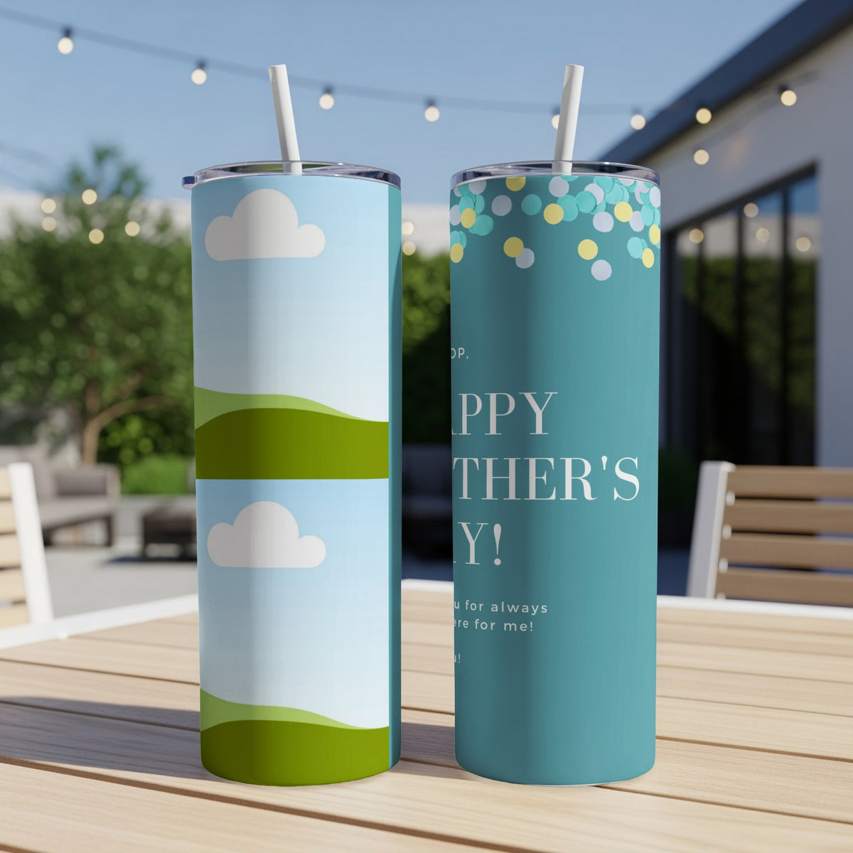 Two tumblers, one with clouds and hills, the other says "Happy Mother's Day!".