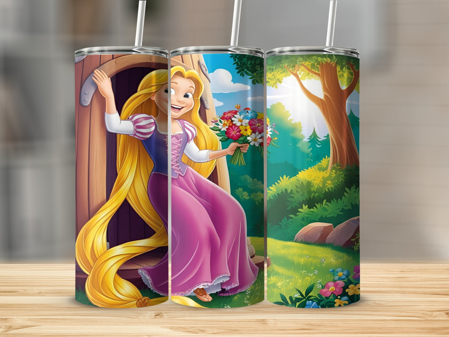 Rapunzel in pink dress holding flowers by wooden door and forest scene.