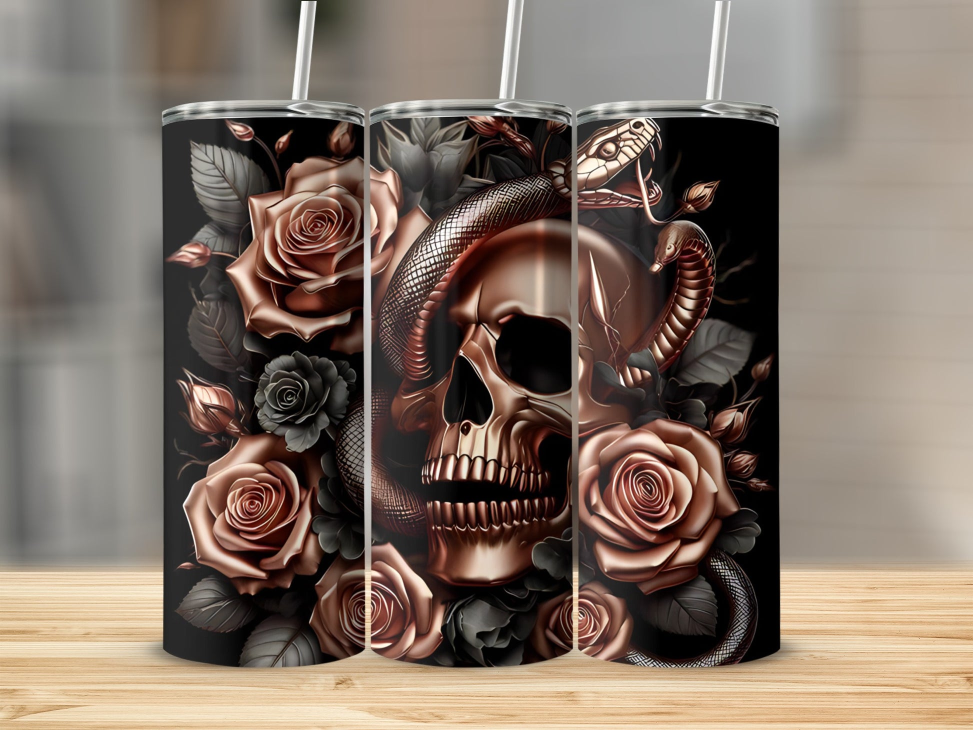 Skull and rose design with a snake coiled around it.