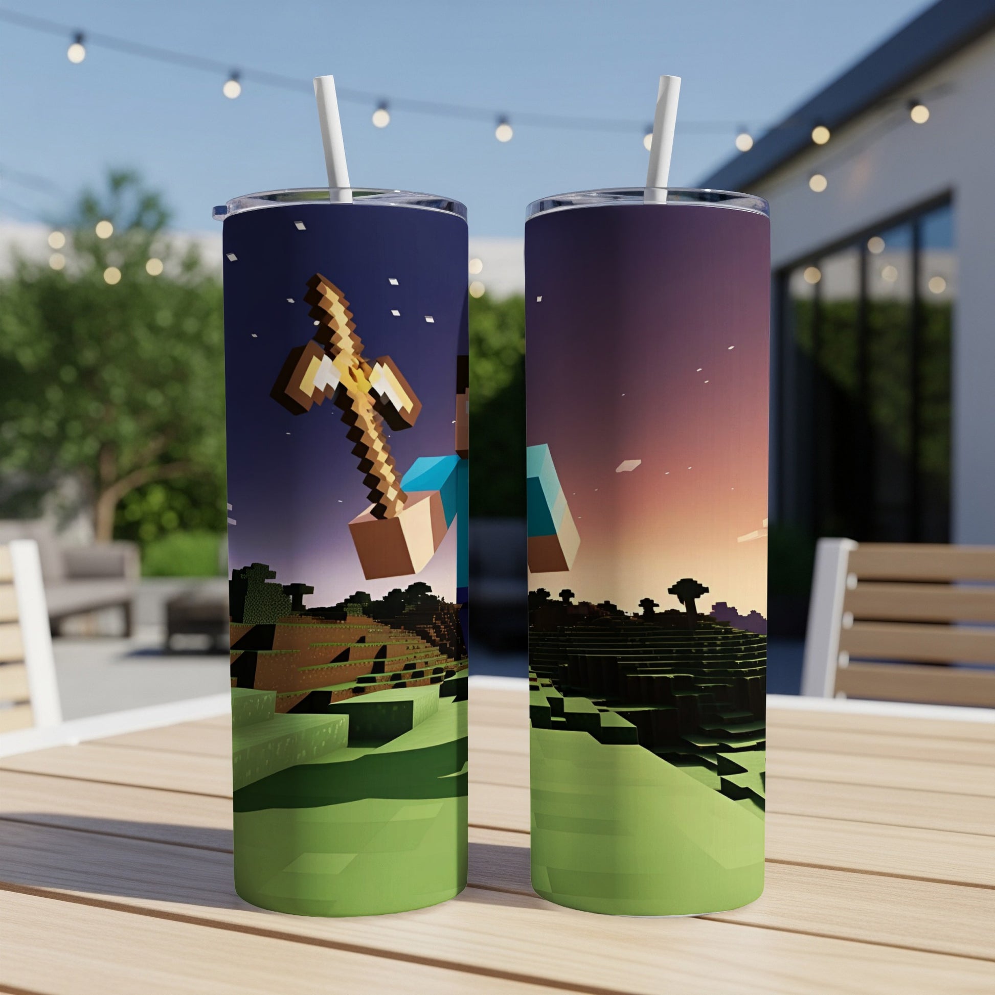 Minecraft diamond pickaxe and character on grassy landscape tumbler.