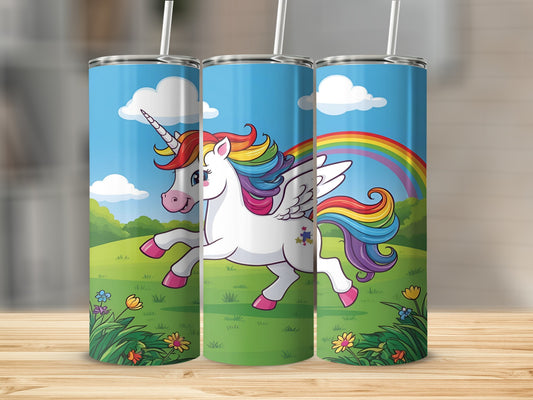 Cartoon unicorn with rainbow mane and tail, flying across a grassy field.