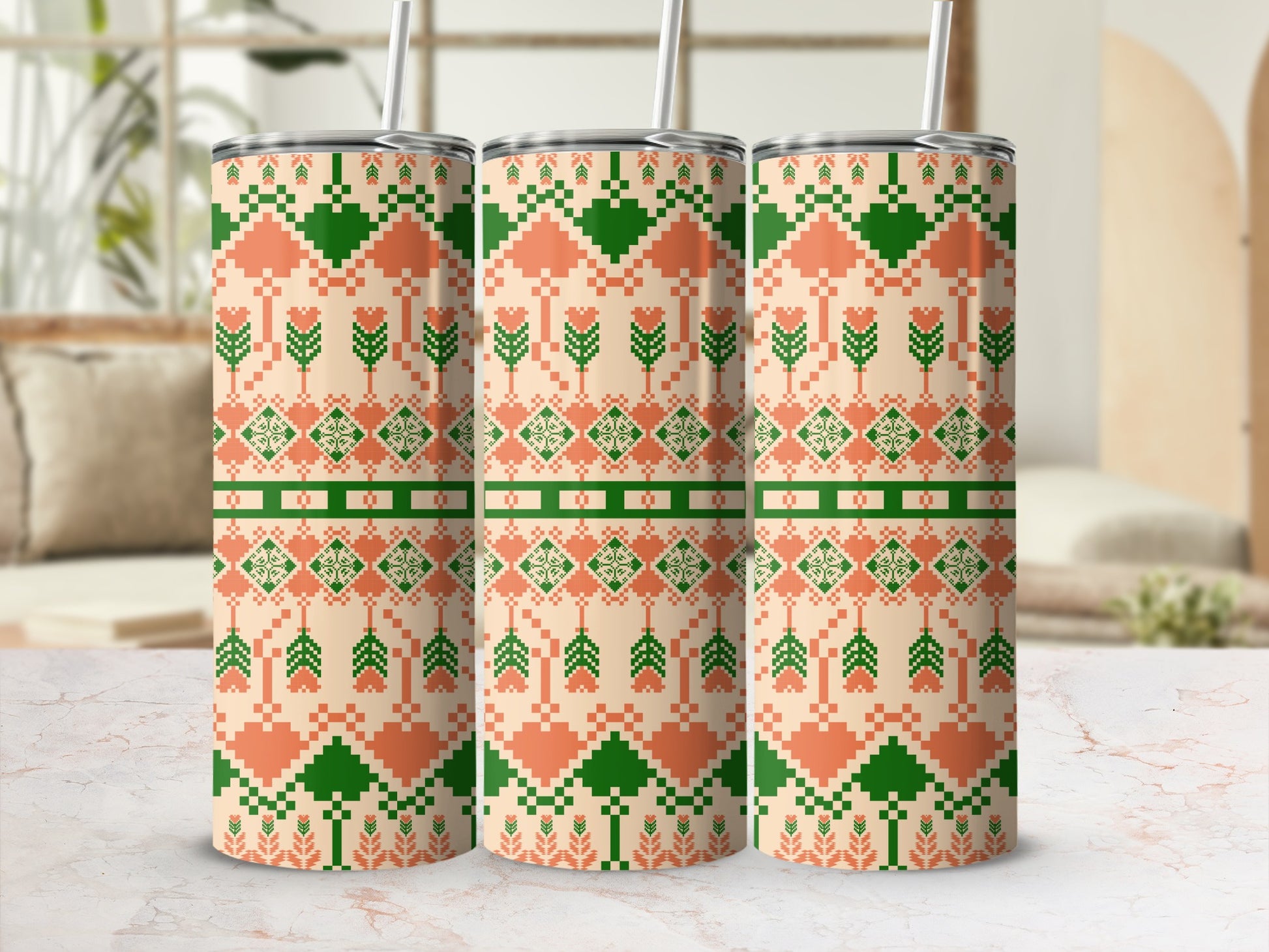 Floral and Geometric Design Tall Tumbler Cup