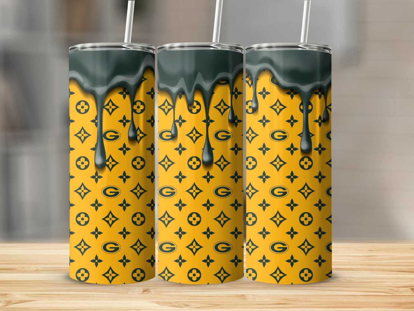 Green Bay Packers Emblem and Drip Over Yellow Background Tumblers