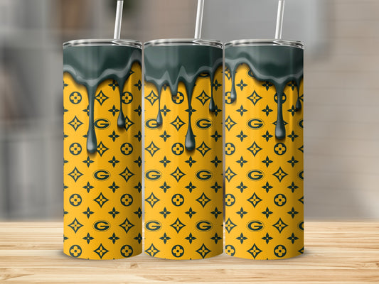 Green Bay Packers Emblem and Drip Over Yellow Background Tumblers