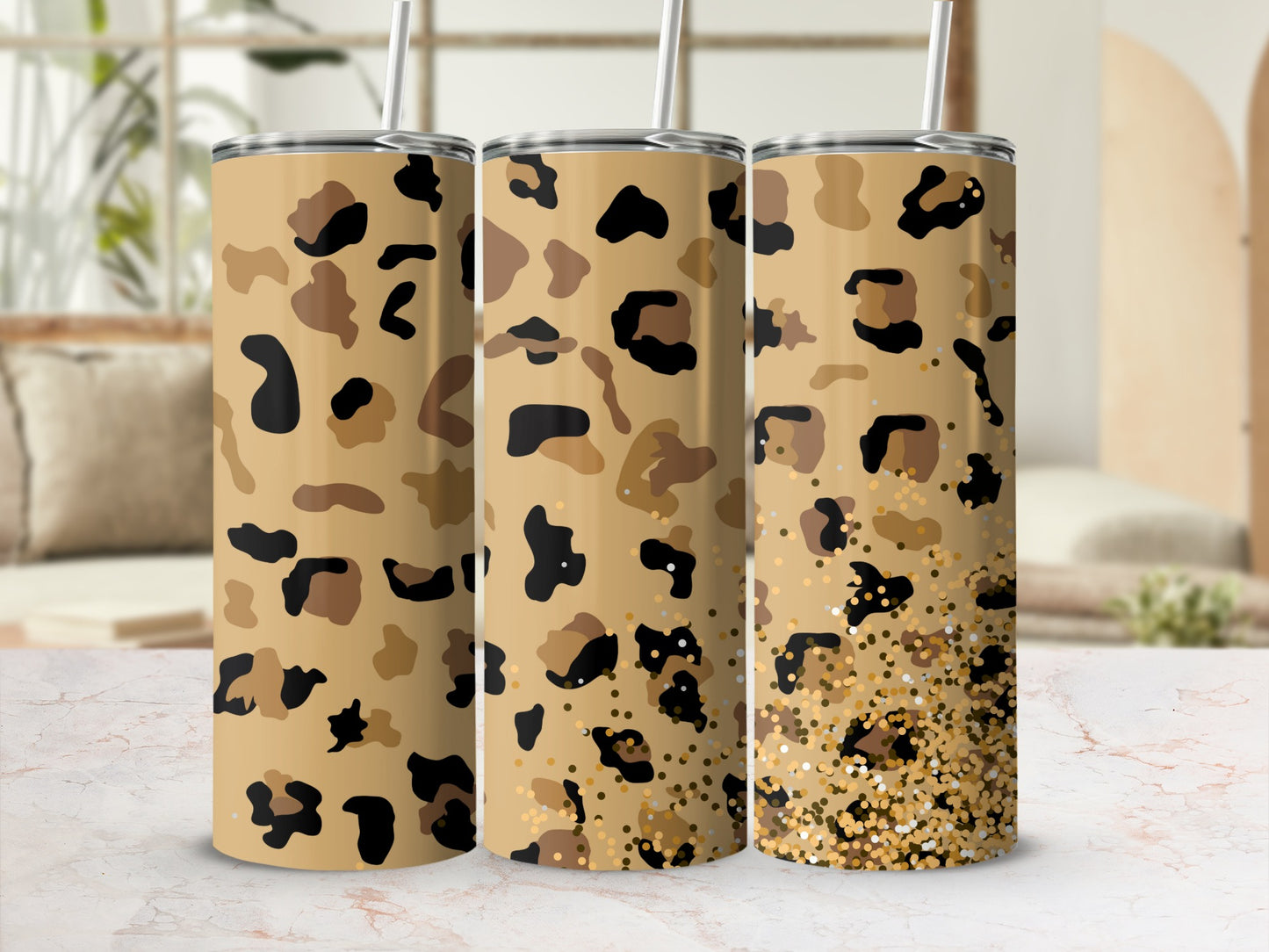Stylish Leopard and Glitter Skinny Tumbler Set