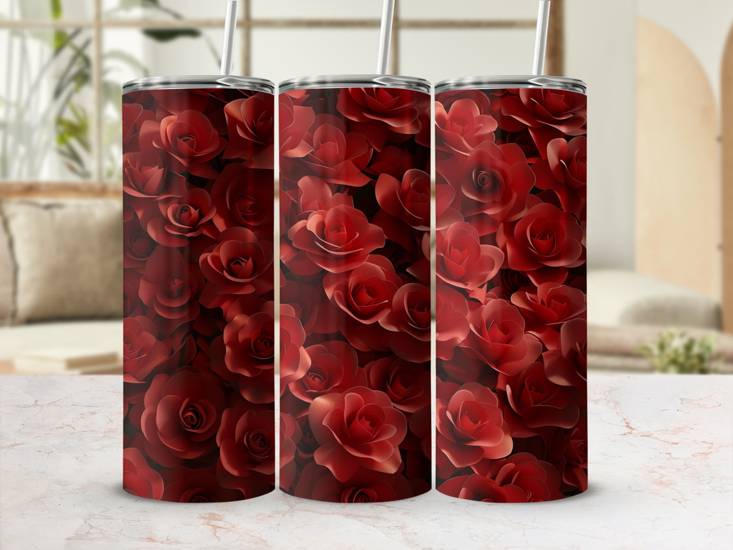 Three tumblers covered in a red rose floral pattern.