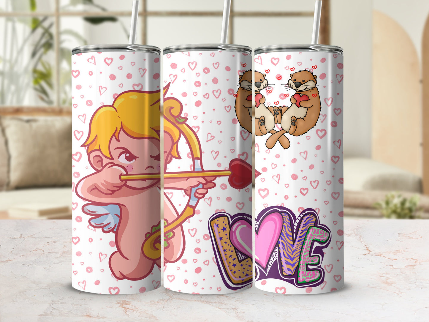 Adorable Cupid Otters Love Themed Drink Tumblers
