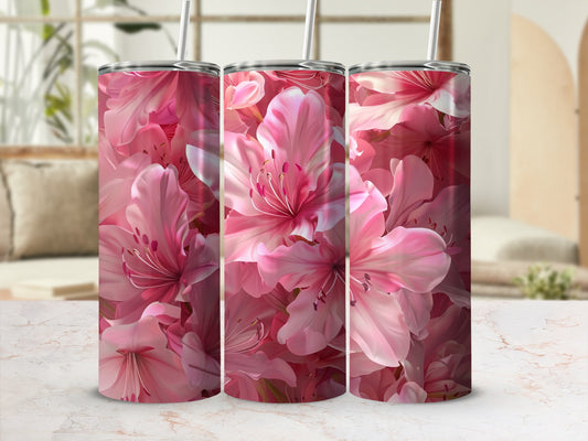 Pink floral tumbler design with straw, featuring close-up flower petals.
