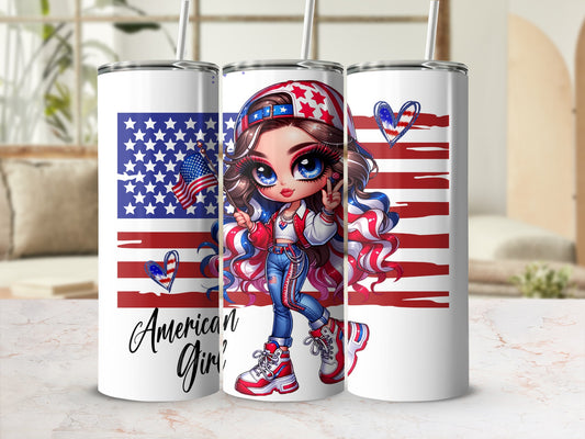American Girl themed tumbler with flag and patriotic girl design.