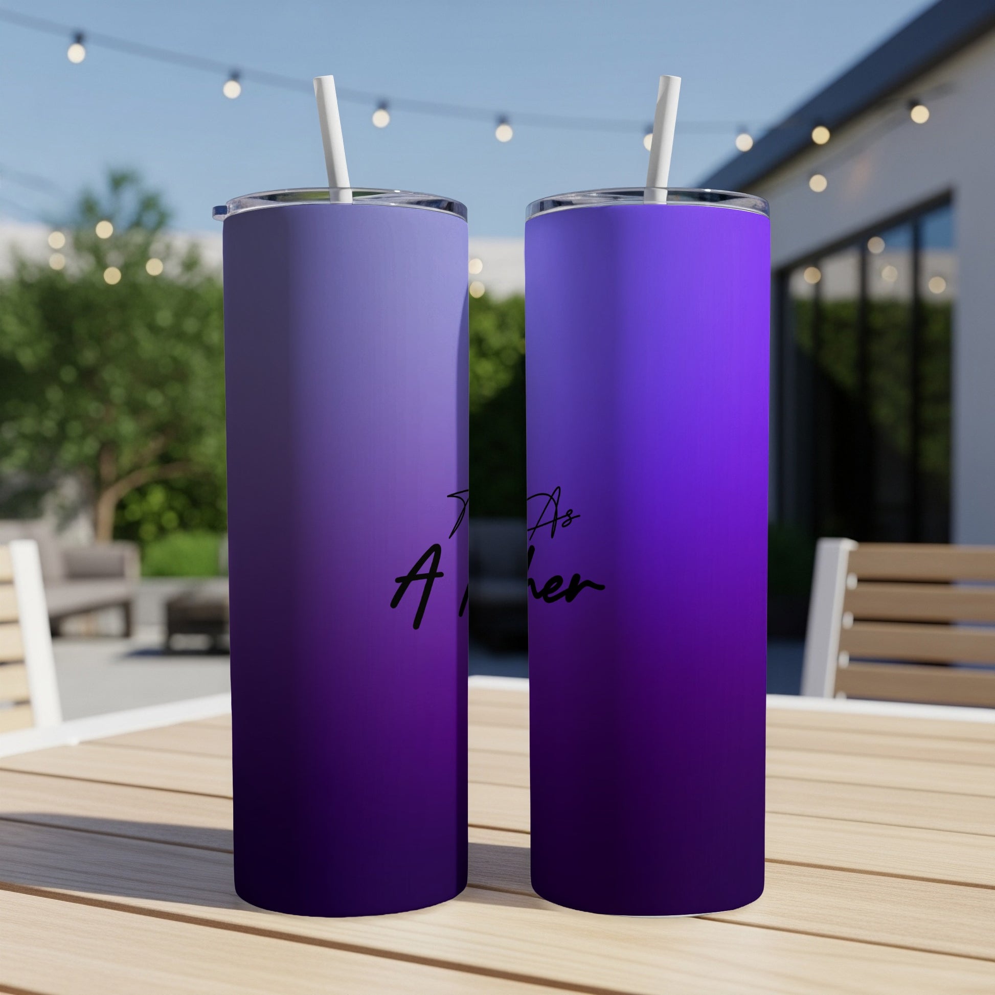 Purple gradient tumbler with "I Am Her" text on it.