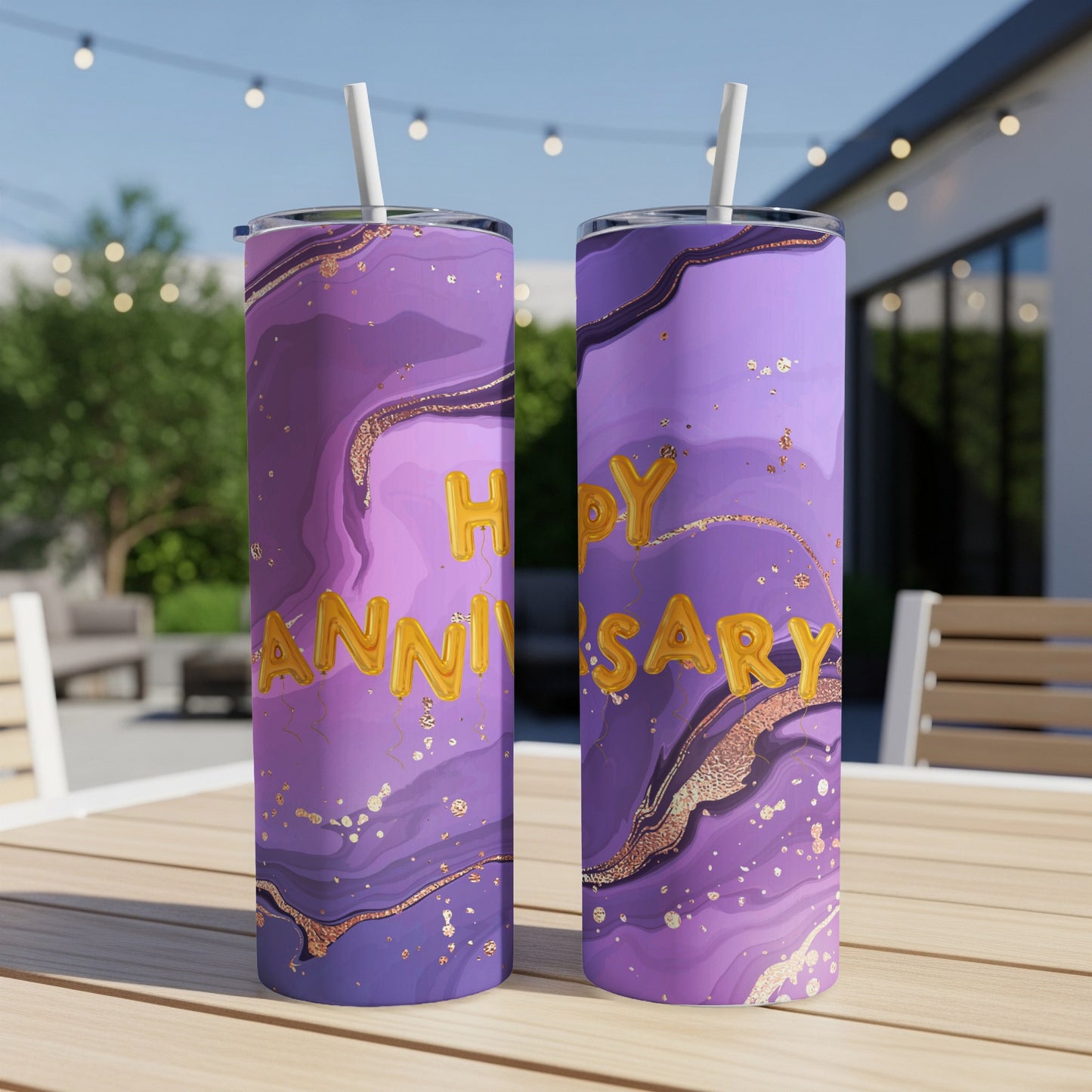 Two purple marbled tumblers with "Happy Anniversary" in gold lettering.