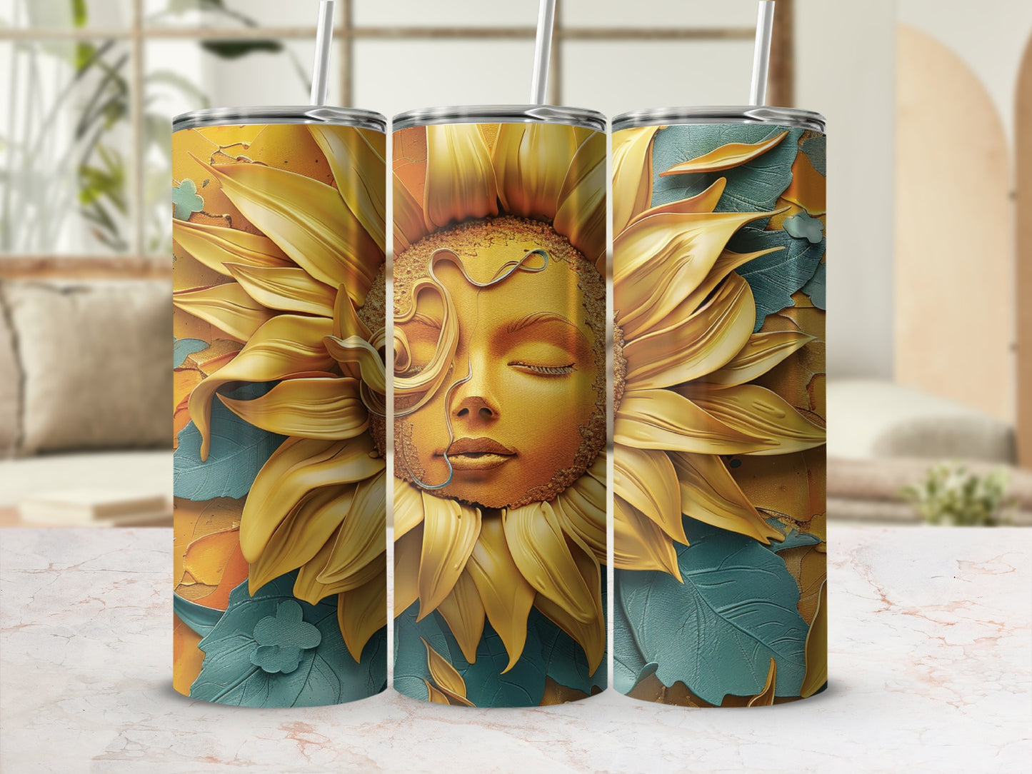 Sunflower design with serene face on three tumblers.