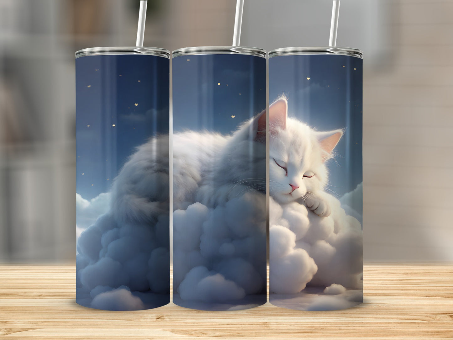 White cat sleeping on clouds under a starry night sky.