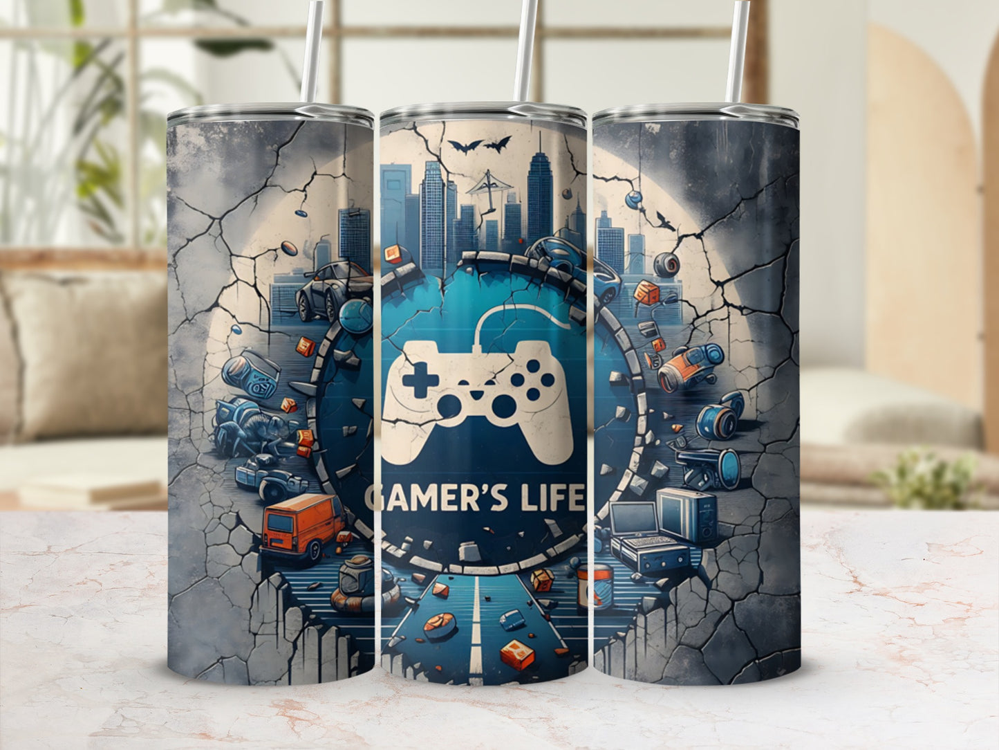 Gamer's Life tumbler with cityscape, controller, and gaming icons on cracked concrete background.