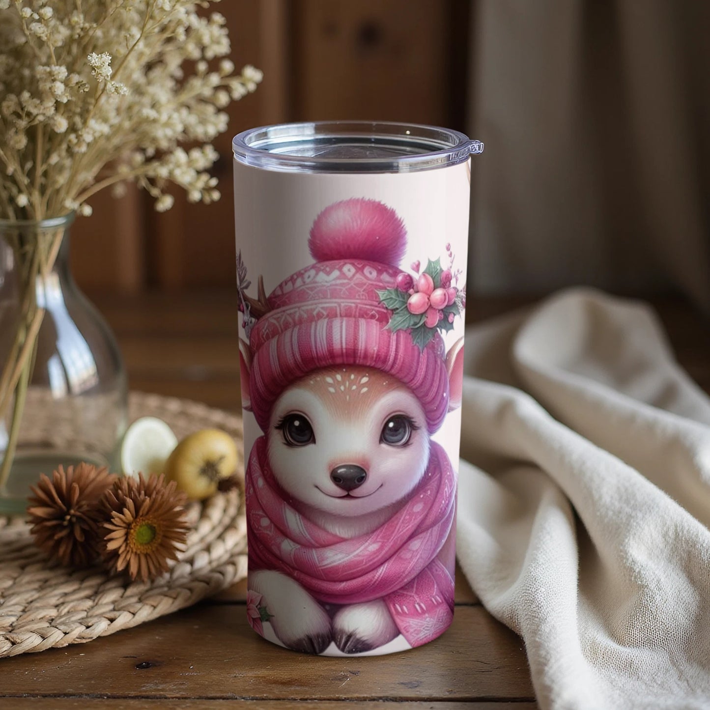 Cute Winter Animal Wearing Pink Hat Insulated Tumbler