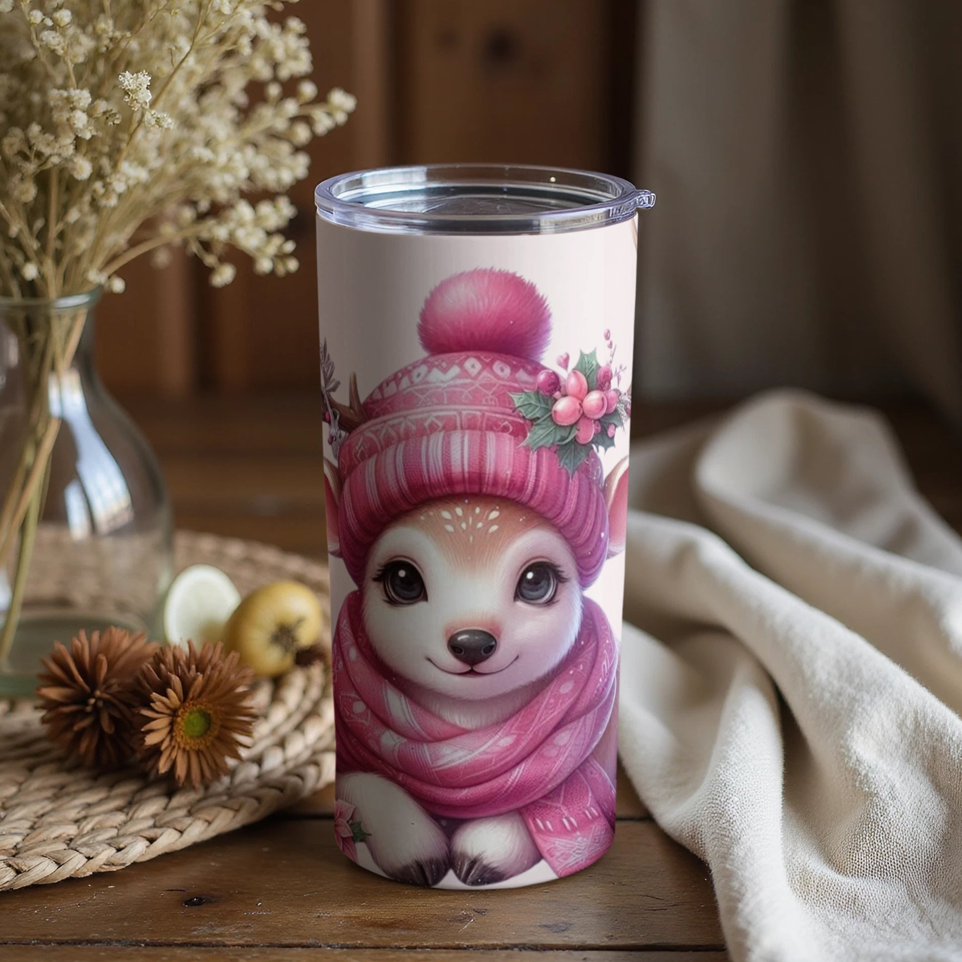Cute Winter Animal Wearing Pink Hat Insulated Tumbler