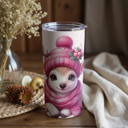 Cute Winter Animal Wearing Pink Hat Insulated Tumbler
