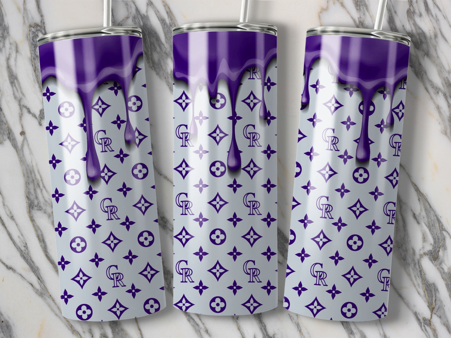Purple Drip on Pattern with Letters Flowers Graphics Tumblers