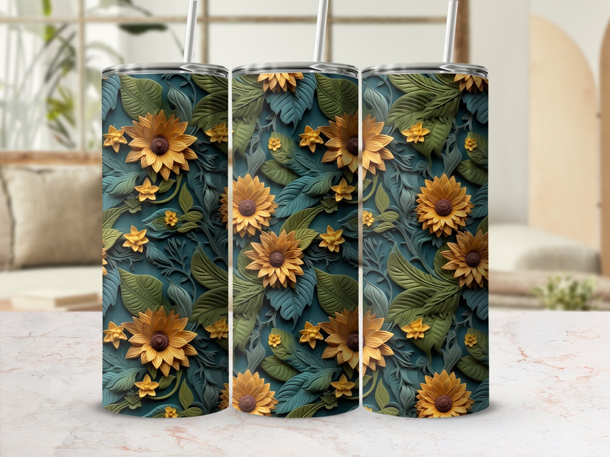 Sunflower and Leaf Pattern Tumbler Design