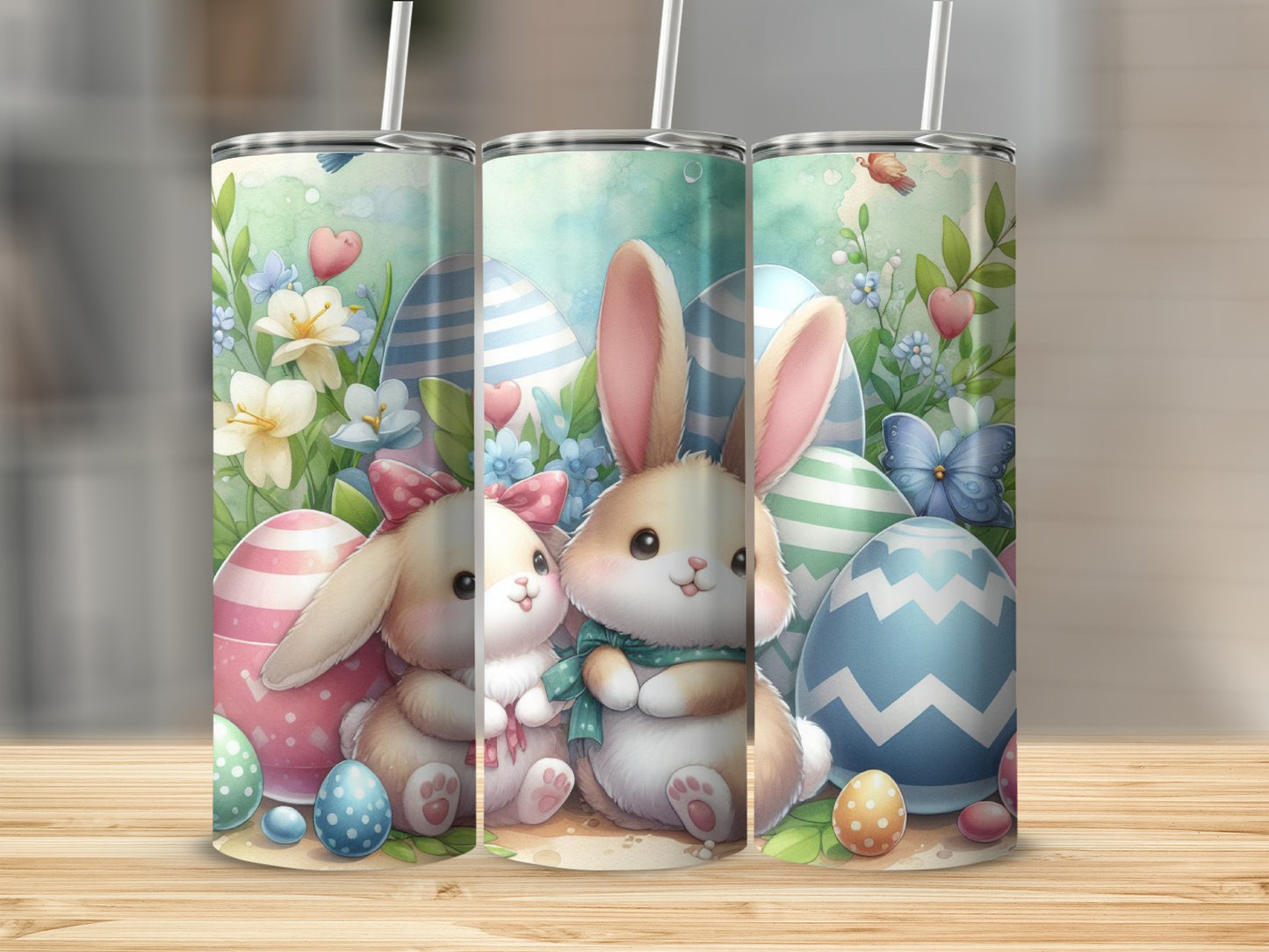 Easter bunnies with colorful eggs and flowers.