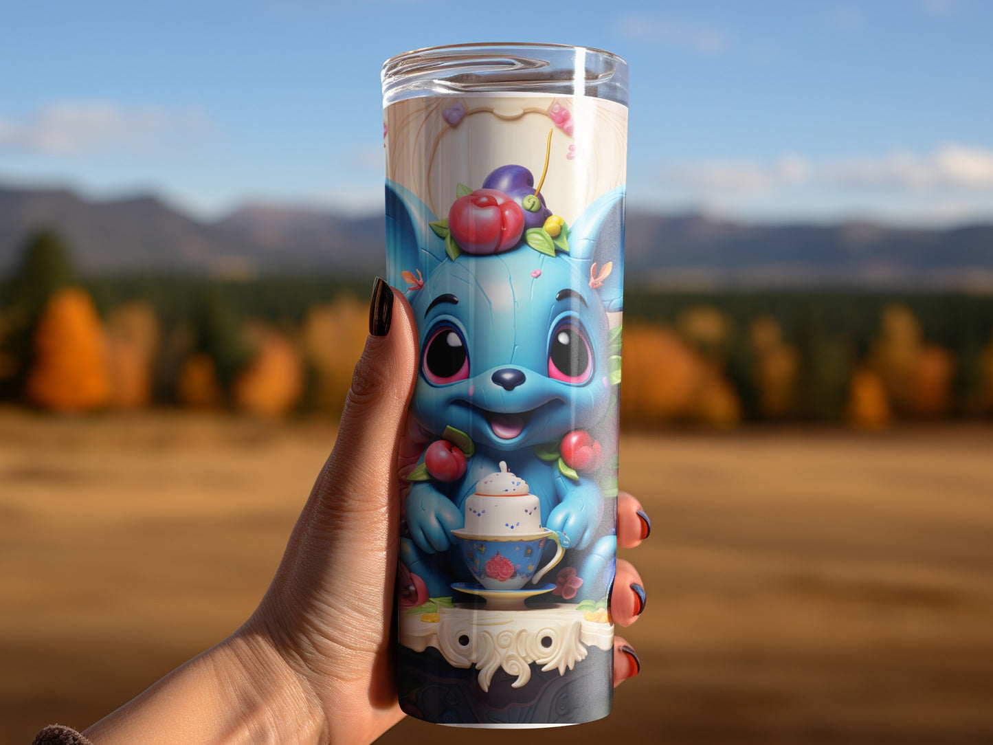 Cute Blue Cartoon Creature with Cupcake Print Tumbler