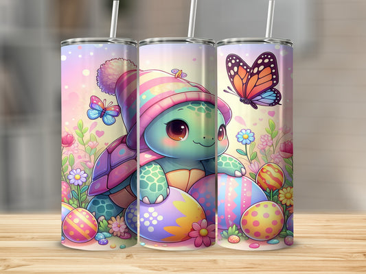 Cute cartoon turtle with Easter eggs and butterflies, pink and purple background.