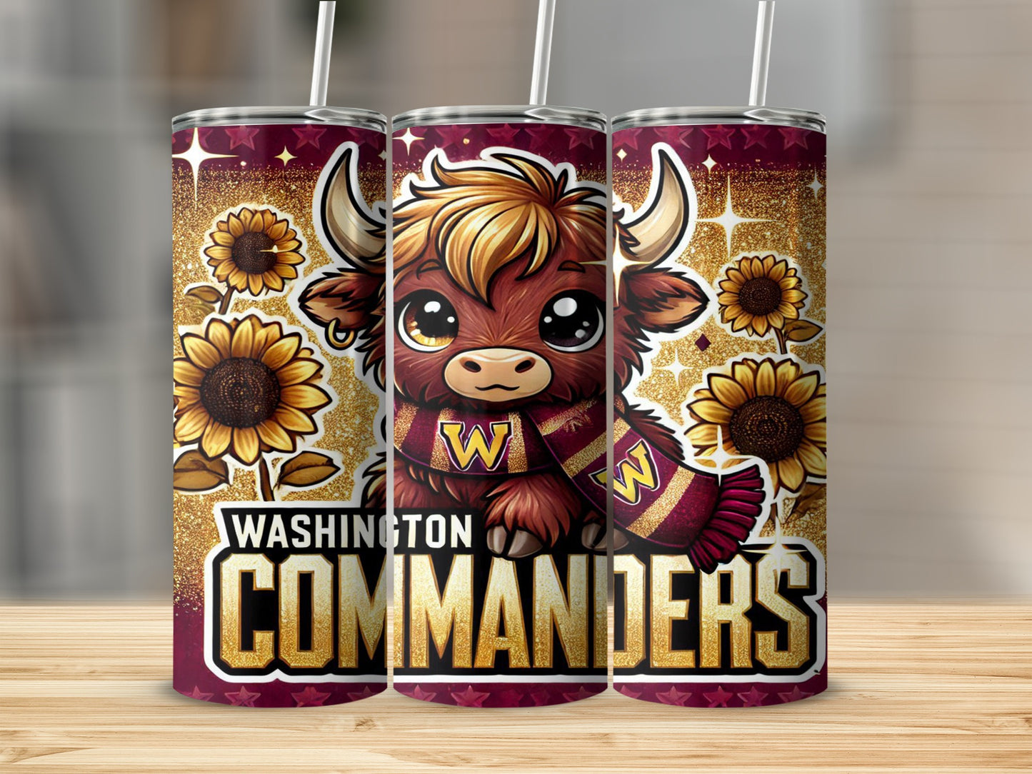 Washington Commanders tumbler with cartoon bull and sunflowers.
