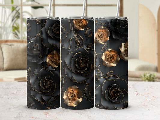 Black tumbler with dark red and gold roses, featuring a marble counter background.
