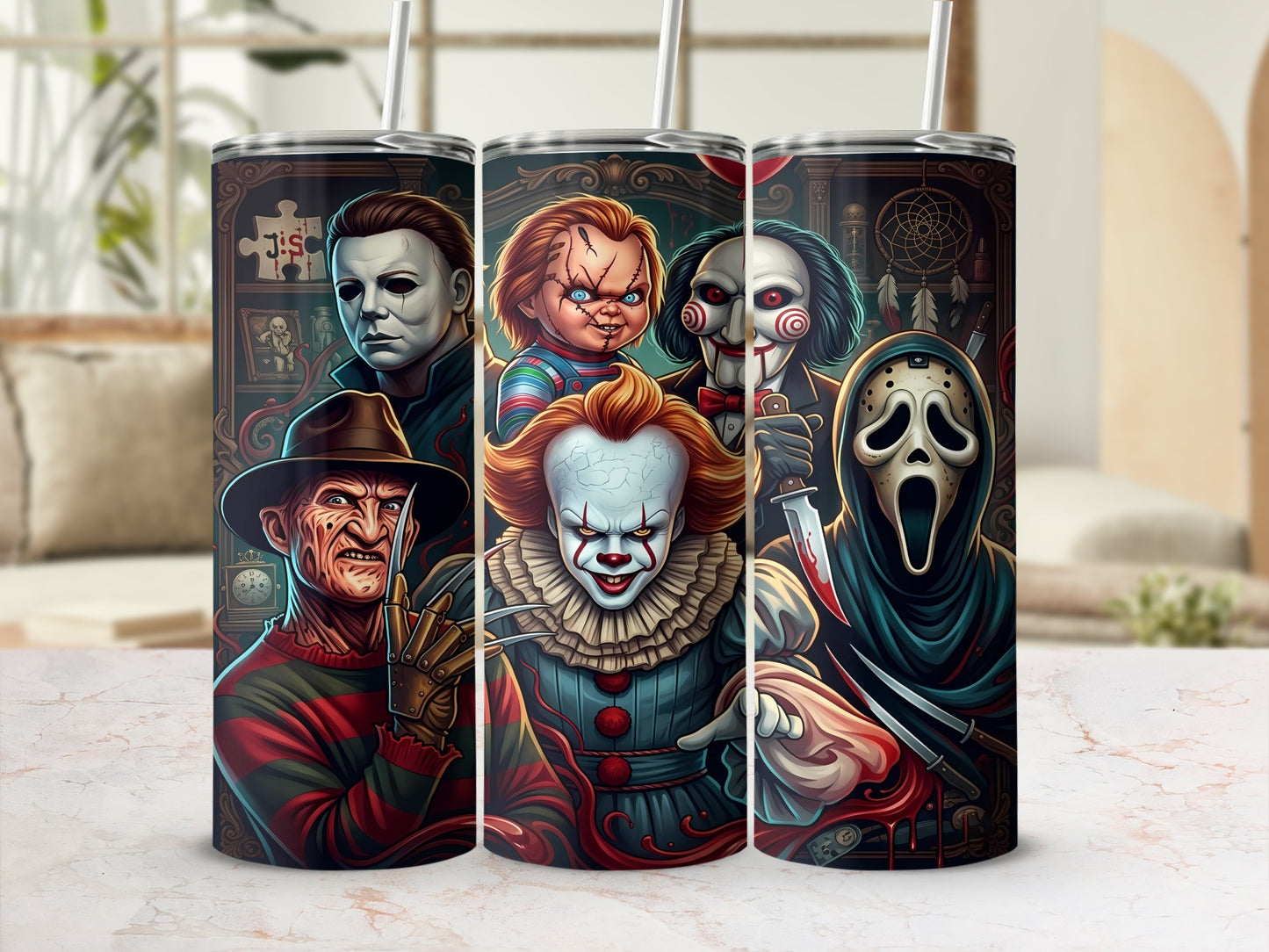 Tumbler with horror characters Freddy Krueger, Pennywise, Chucky, Michael Myers, Jigsaw, and Ghostface.