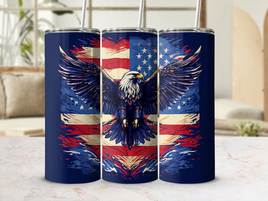 Eagle with spread wings against American flag on navy blue tumbler.