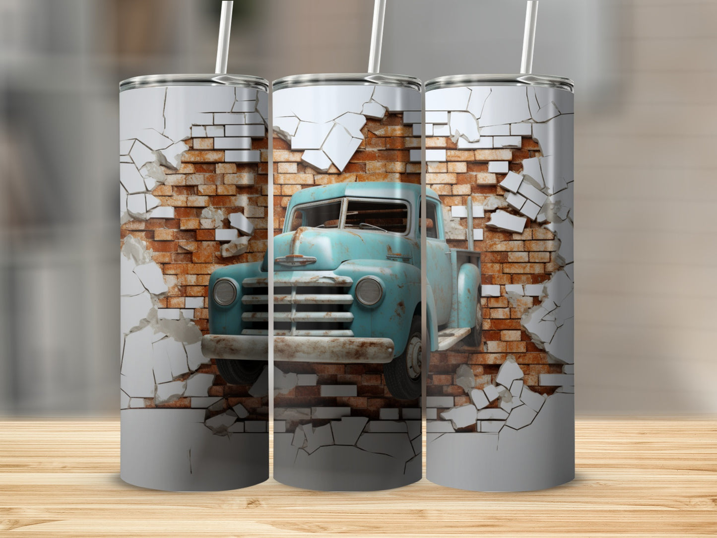 Vintage Pickup Truck Crashing Through Brick Wall Tumbler