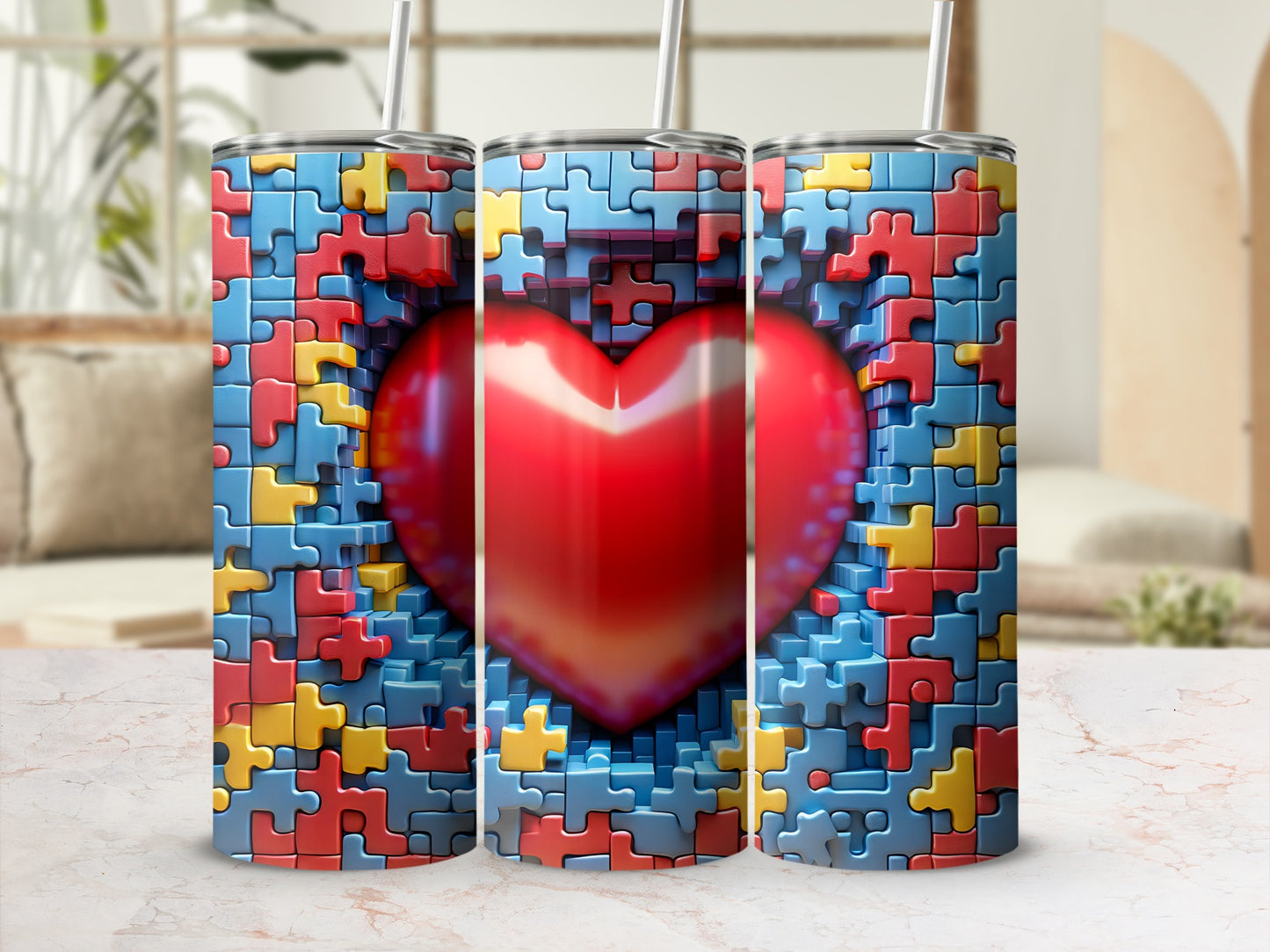 Three tumblers with a red heart puzzle design.