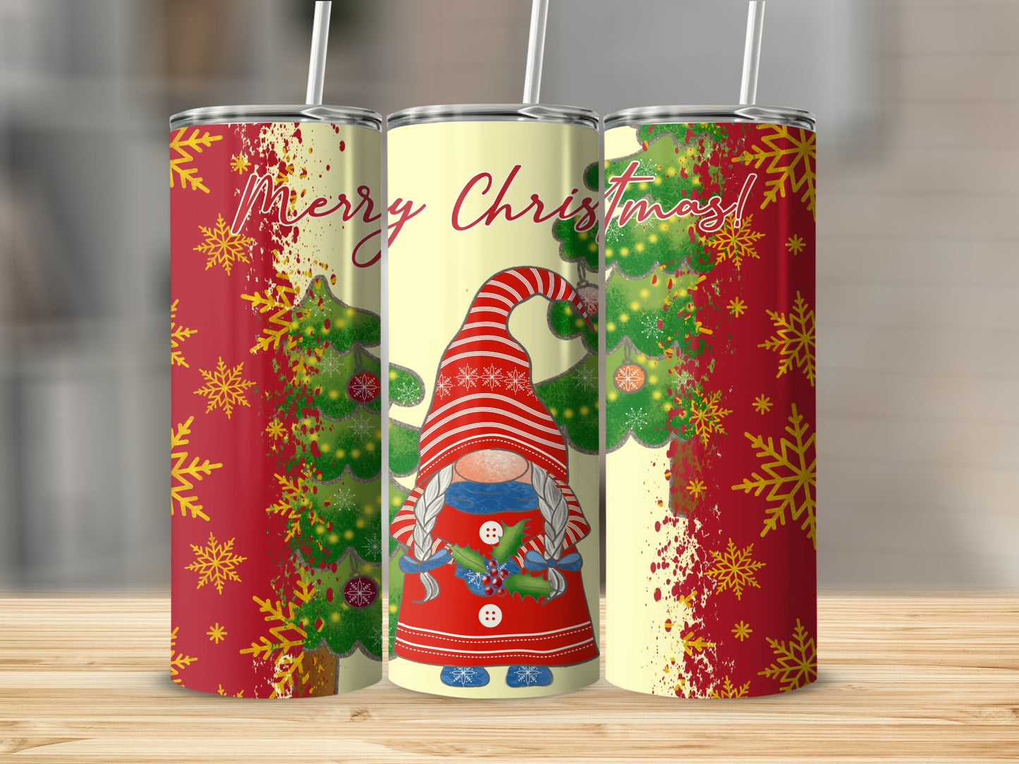 Christmas gnome and trees on a tumbler with "Merry Christmas" text.