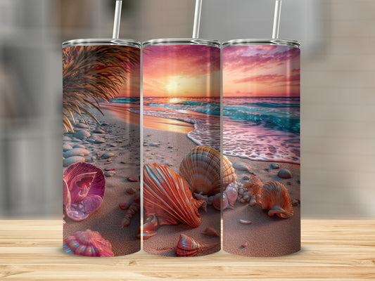 Vibrant Beach Shells and Sunset Tumbler for Hydration Needs