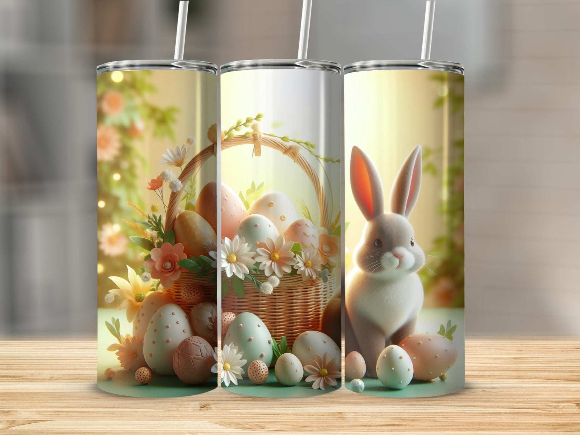 Easter bunny and basket filled with colorful eggs and flowers on tumblers.