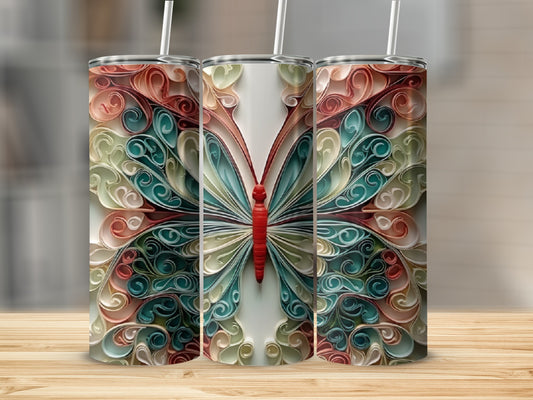 Triptych of tumblers with detailed butterfly wings made of rolled paper.