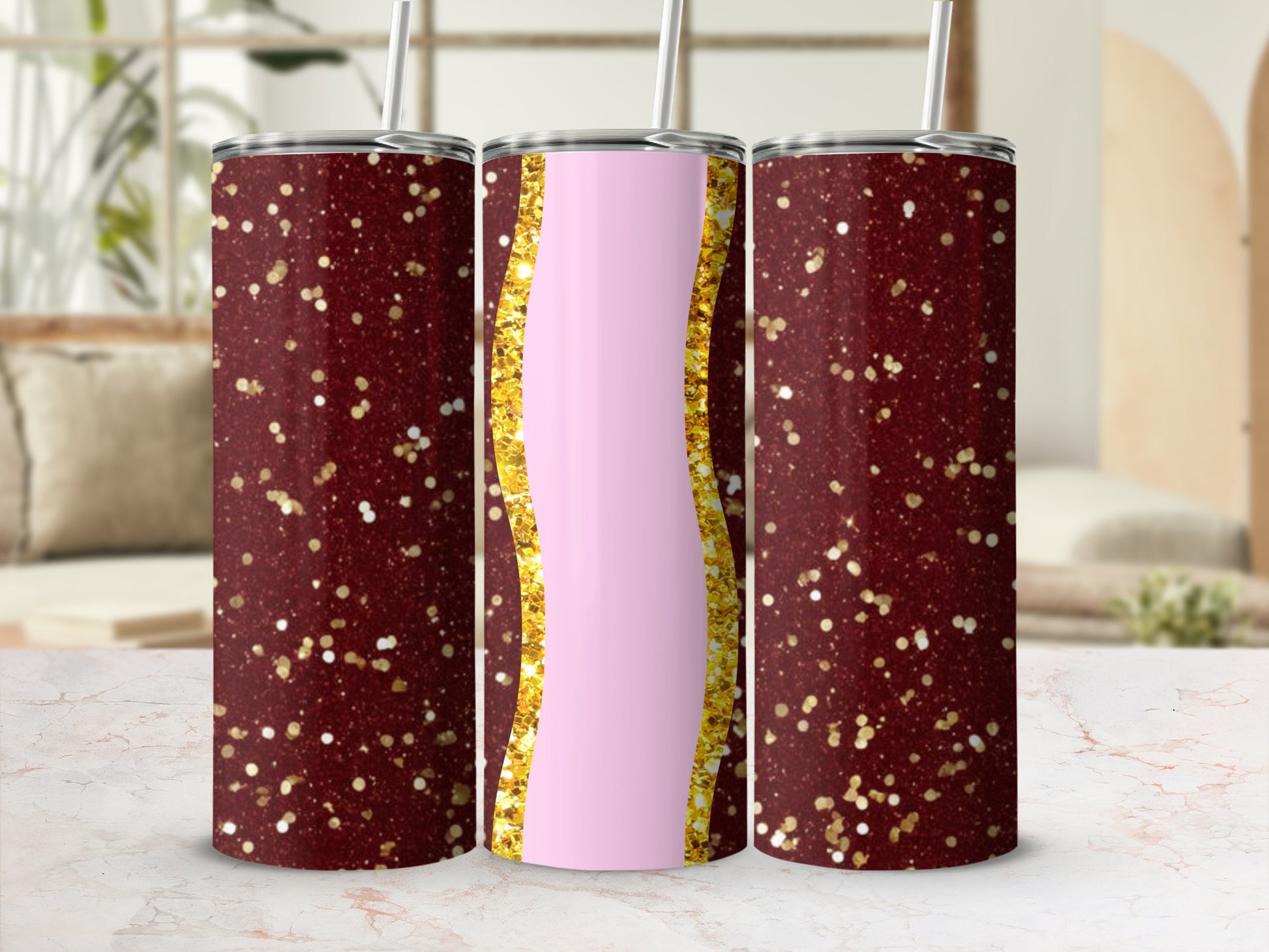 Glittery burgundy tumbler with pink and gold wavy stripe design.
