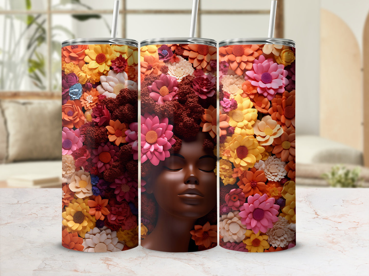 Three tumblers featuring a woman's face emerging from a floral headdress.
