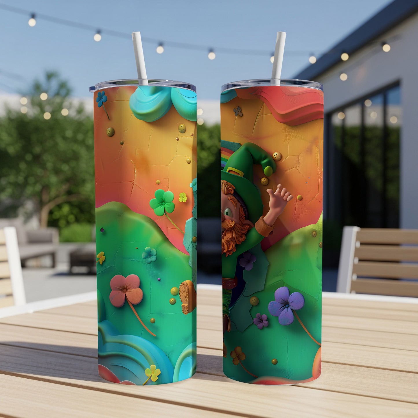 Leprechaun character on a St. Patrick's Day themed tumbler.
