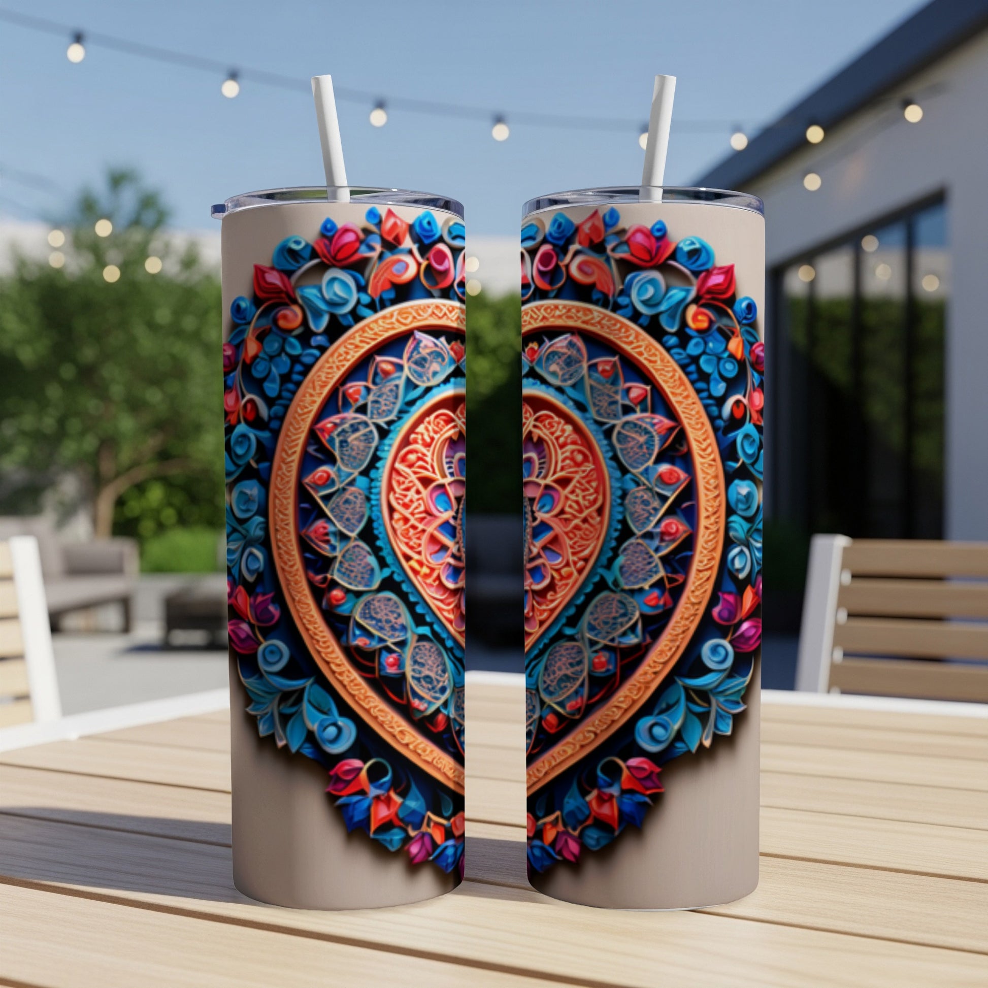 Two tall, insulated tumblers with ornate, colorful heart mandala designs.